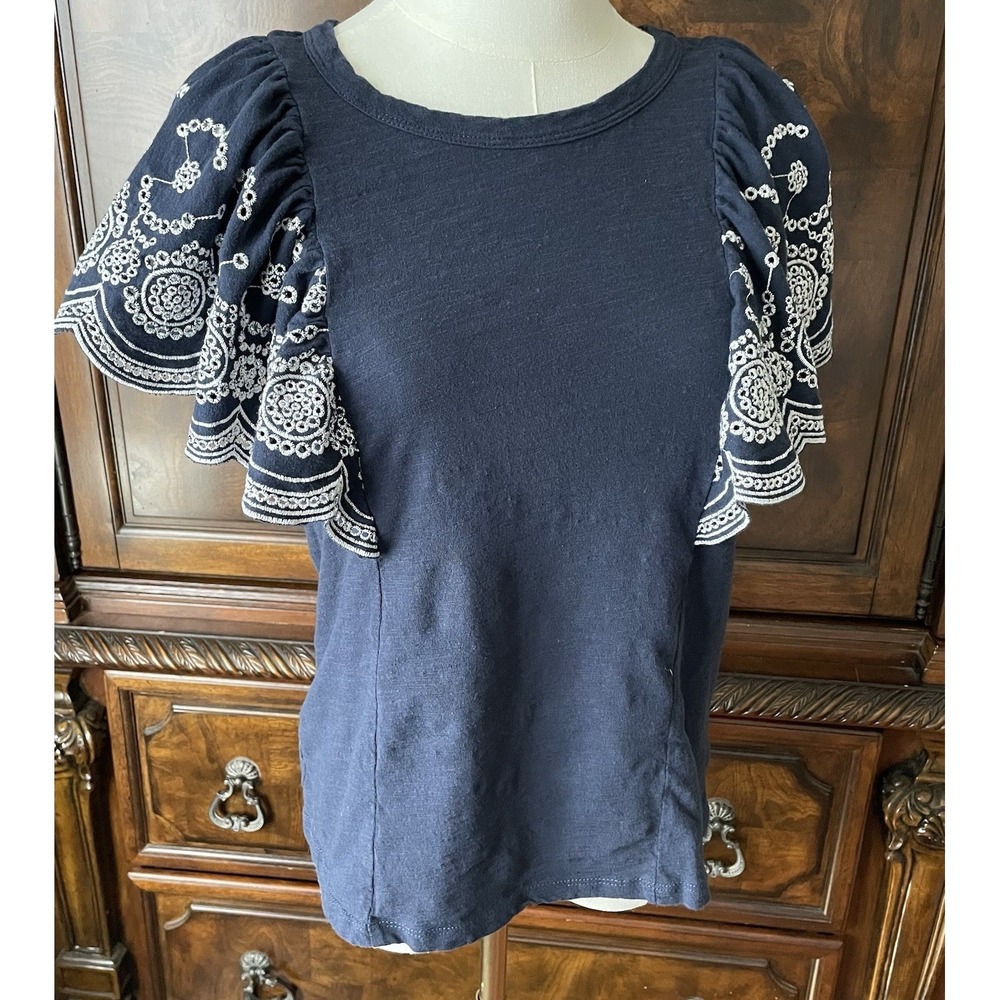 Navy Blue Embroidered Flutter Sleeve Top M 8/10 100% Cotton Boho Cottagecore